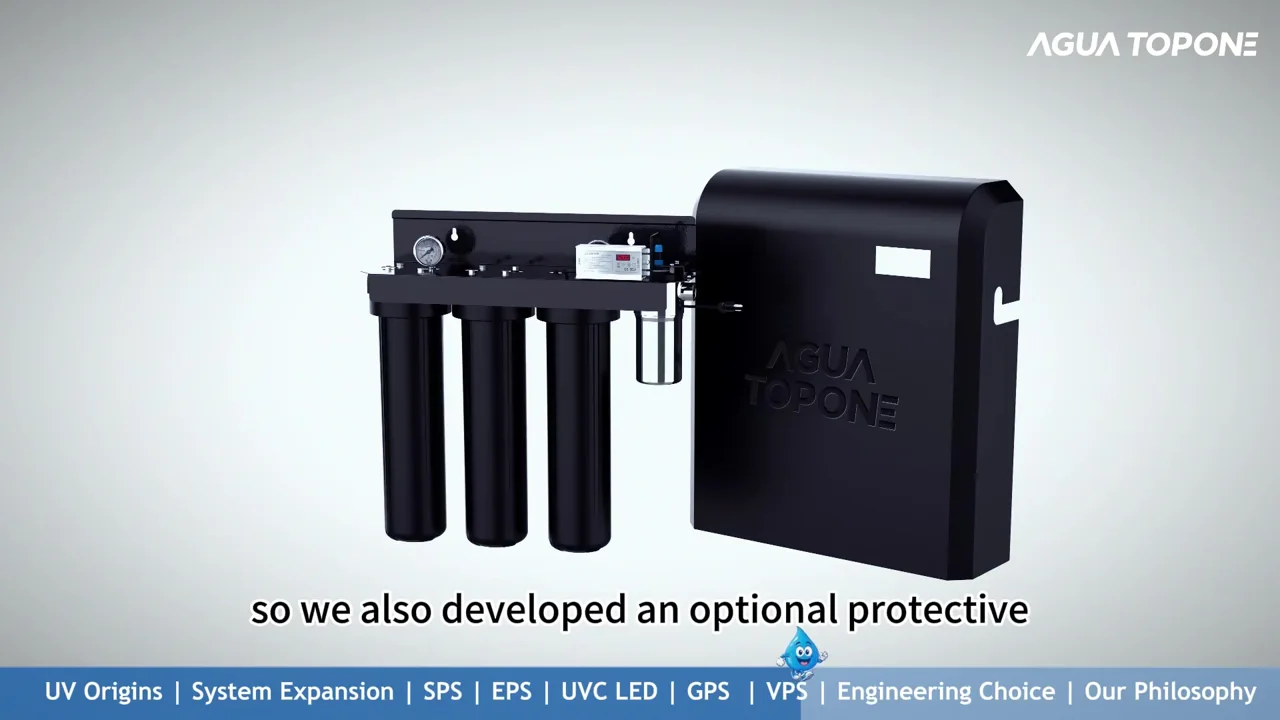 Water treatment system and optional protective enclosure shown side by side.