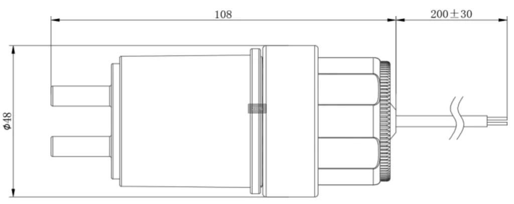 Technical drawing of EC-10 showing 48 millimetre diameter and 108 millimetre body length
