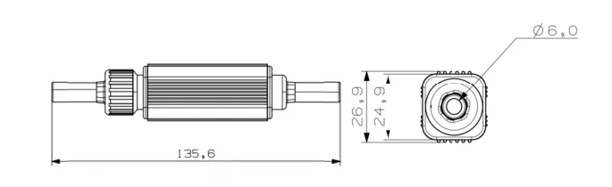 Technical drawing of EC-12 showing 135.6 millimetre length and quick-connect interface