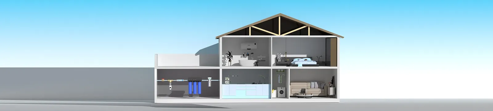 Whole house water filtration diagram with UVC LED POE installation.