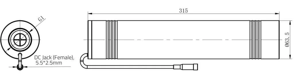 Technical dimension drawing of AGLED-12G showing 315 millimetre length and 63.5 millimetre diameter