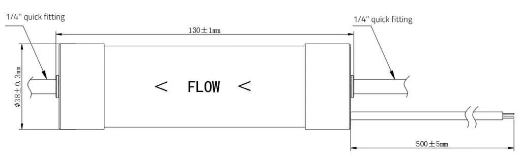 AGLED-40002 dimensions, 1/4-inch quick-connect fittings, flow direction and 500 millimetre cable