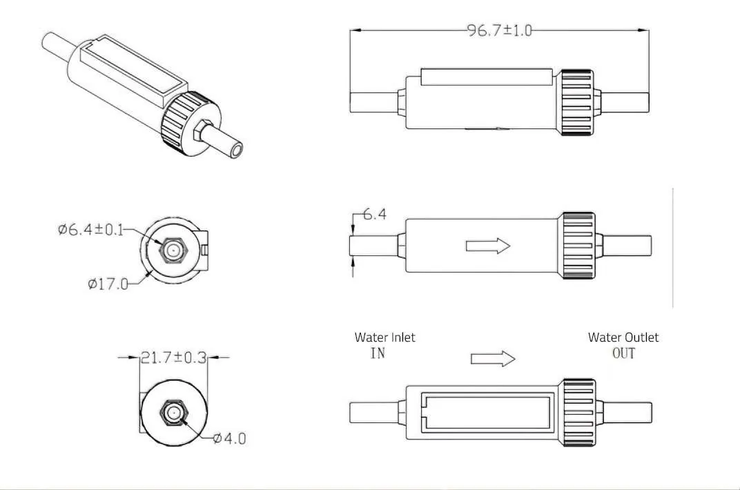 Technical drawing of EC-13 showing flow direction and 96.7 millimetre body length