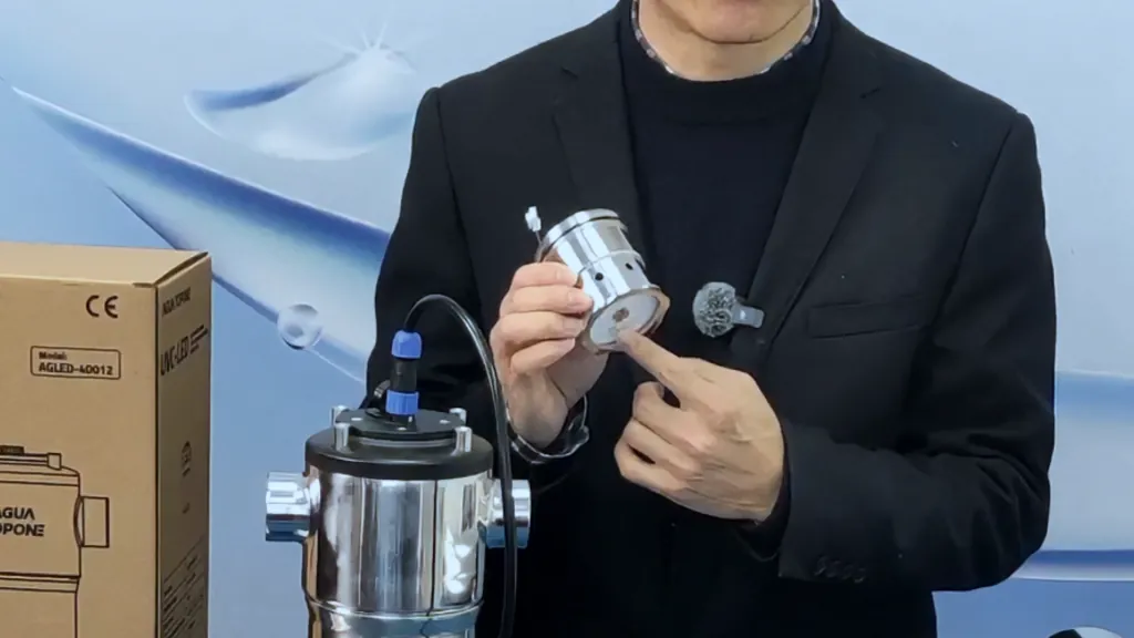Jason Ma is holding the replaceable LED module of UVLED - 40012.