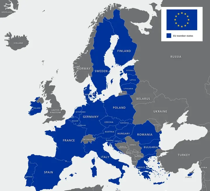 Detailed map of Europe highlighting the 27 European Union member states in blue.