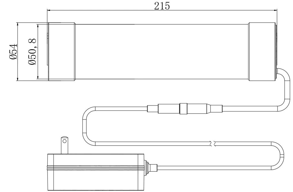 AGLED-40006 dimension drawing showing 54 millimetre diameter and 220 millimetre length