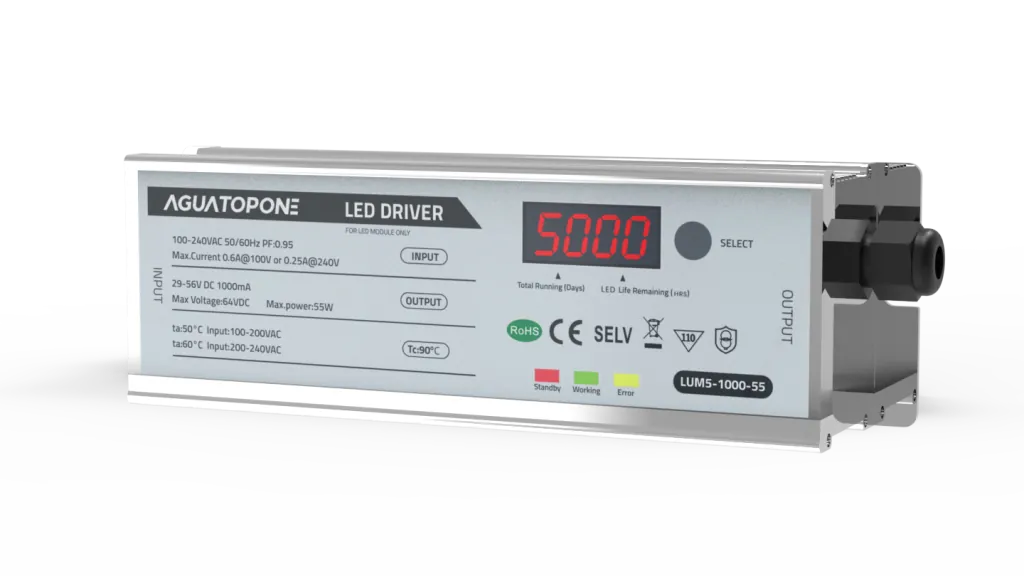 Agua Topone smart UVC LED driver with digital display showing the remaining lifespan for preventative service.