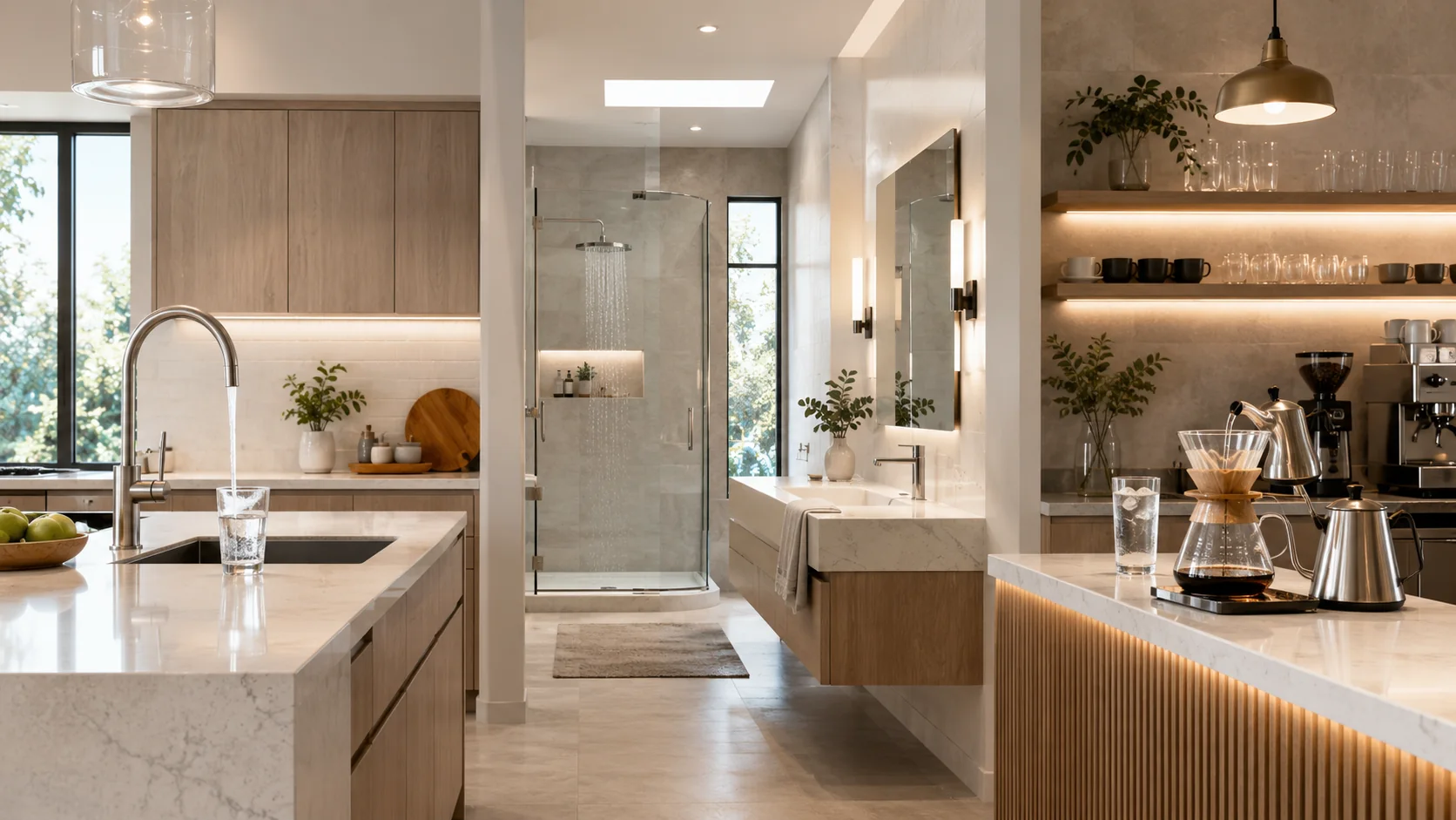 Illustrative kitchen, bathroom and beverage water-use settings representing multiple water-treatment application points