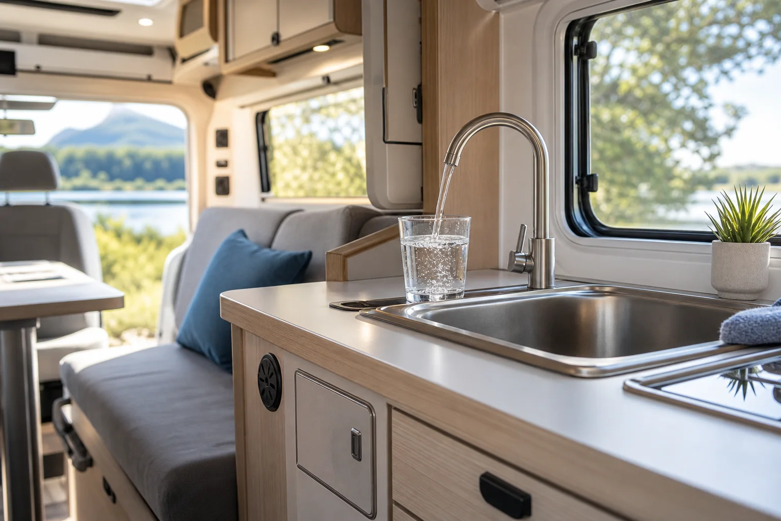 Illustrative compact RV galley representing mobile drinking-water use