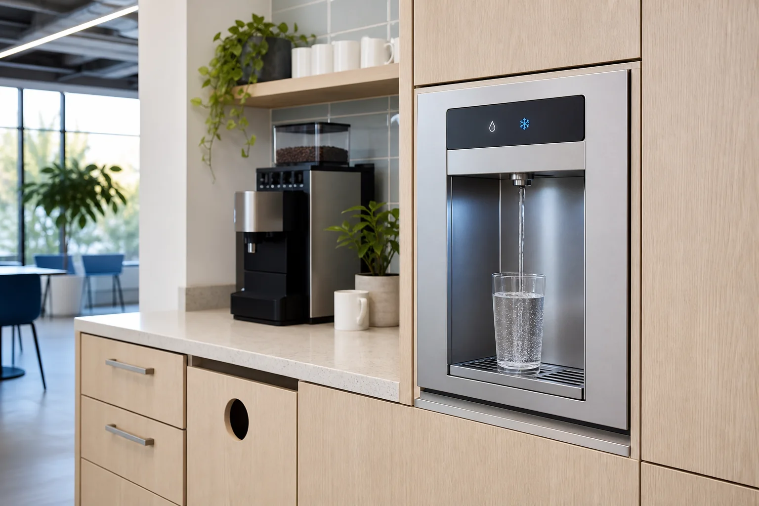 Illustrative modern office drinking-water dispenser and beverage-equipment setting
