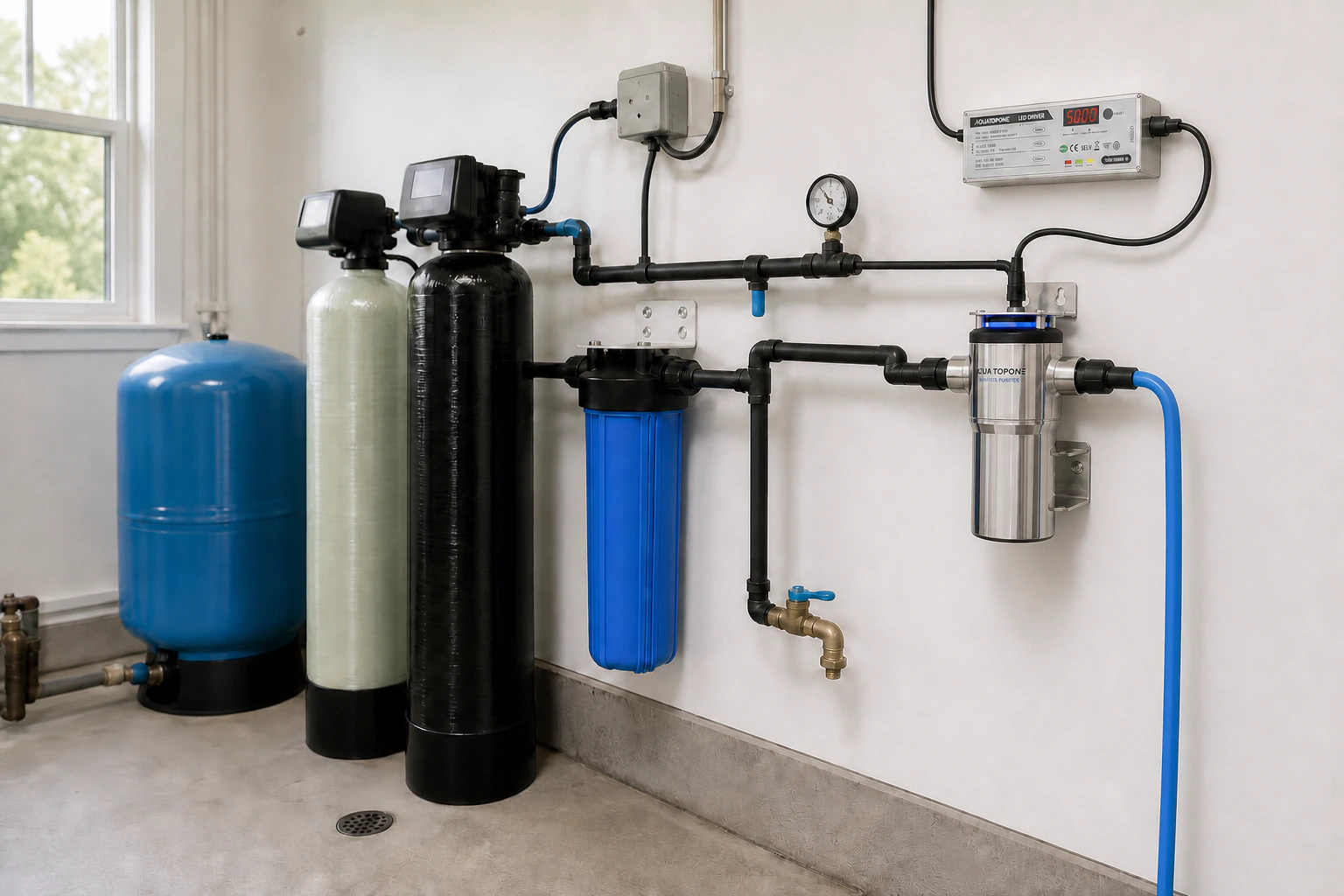 Illustrative well-water pretreatment and compact AGLED-40012 UVC LED installation