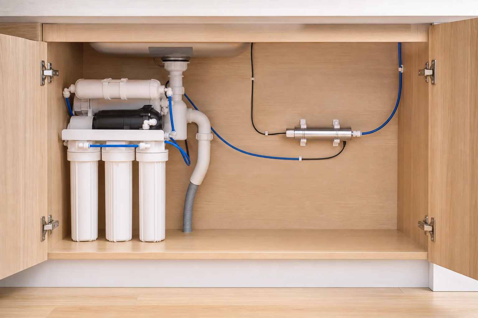 Illustrative under-sink RO system with a compact inline UVC LED module on the final water line