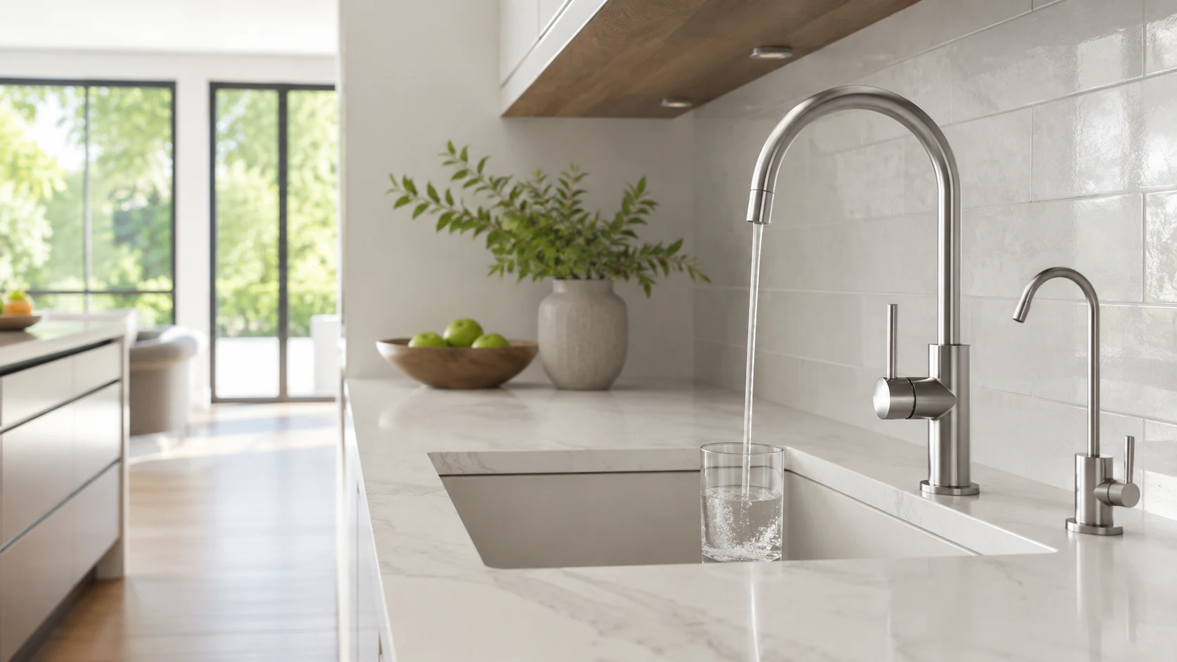 Residential kitchen drinking-water faucet filling a glass in a point-of-use application