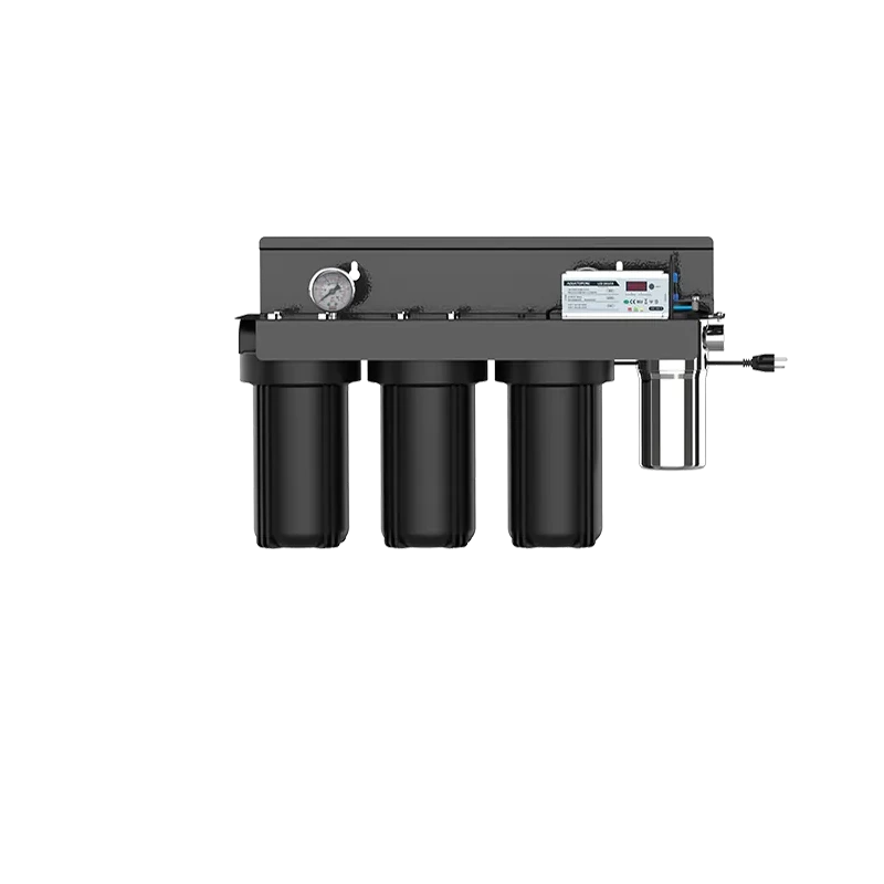 VPS-104 four-stage whole-house UV water filtration system with three 10-inch filter housings and UVC LED reactor